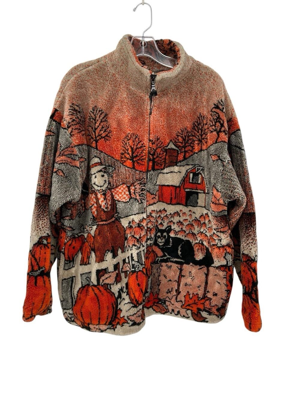 Vintage Black Mountain Outdoor Fleece Jacket Halloween Autumn Cat Orange Large